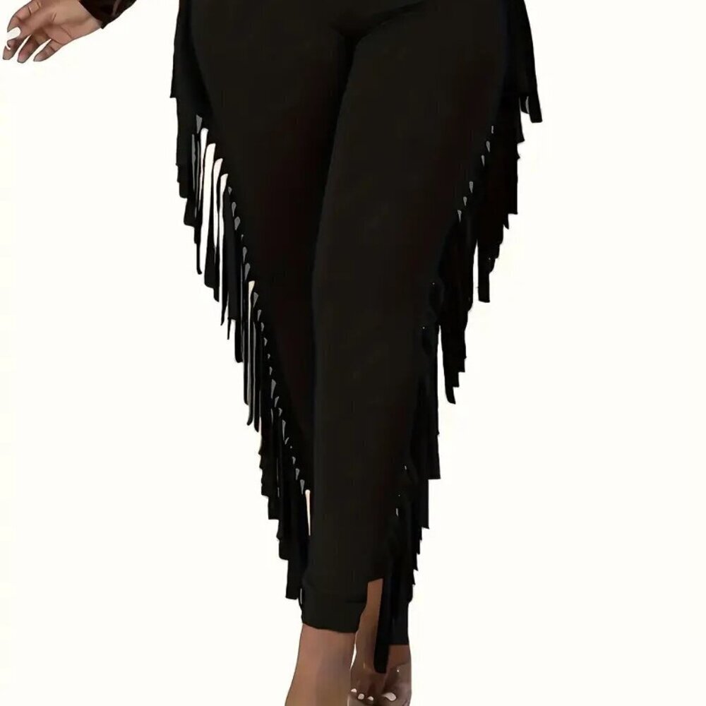 Black High-Waisted Slim-Fit Tassel Pants (Size: XXL) - Picture 2 of 5